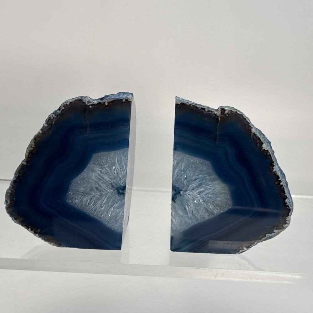 1 Pair 5.25” Polished Blue Brazilian Agate Geodes Bookends W/Beautiful Crystals